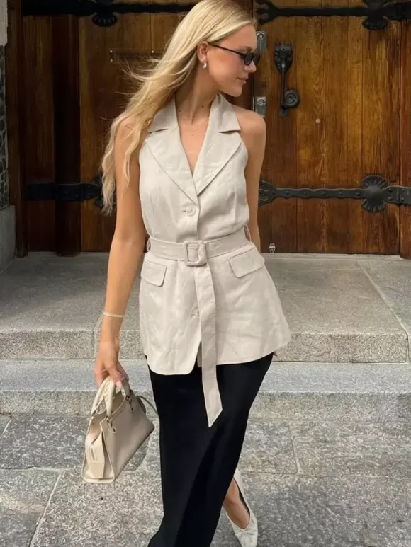 Blouse For Women Khaki Cotton Linen Halter Backless Casual Lace Up Sash Sleeveless Tops