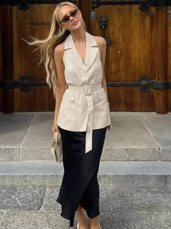 Blouse For Women Khaki Cotton Linen Halter Backless Casual Lace Up Sash Sleeveless Tops