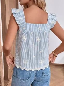 Blouse For Women Light Sky Blue Square Neck Casual Sleeveless Tops