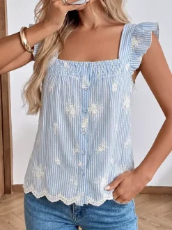 Blouse For Women Light Sky Blue Square Neck Casual Sleeveless Tops