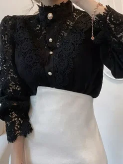 Blouse For Women Pink Lace Cut Out High Collar Casual Long Sleeves Lace Tops