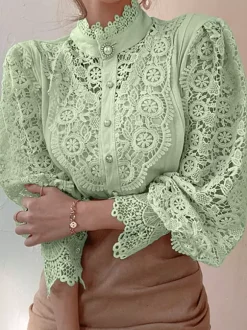 Blouse For Women Pink Lace Cut Out High Collar Casual Long Sleeves Lace Tops