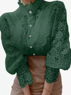 Blouse For Women Pink Lace Cut Out High Collar Casual Long Sleeves Lace Tops