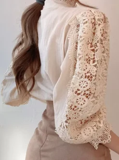 Blouse For Women Pink Lace Cut Out High Collar Casual Long Sleeves Lace Tops