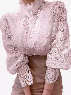 Blouse For Women Pink Lace Cut Out High Collar Casual Long Sleeves Lace Tops