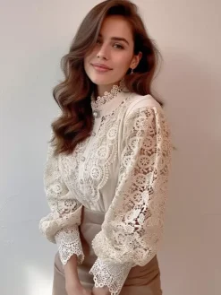 Blouse For Women Pink Lace Cut Out High Collar Casual Long Sleeves Lace Tops
