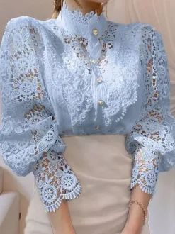 Blouse For Women Pink Lace Cut Out High Collar Casual Long Sleeves Lace Tops