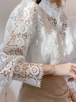 Blouse For Women Pink Lace Cut Out High Collar Casual Long Sleeves Lace Tops