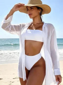 Blouse For Women White Chiffon Turndown Collar Chic Buttons Long Sleeves Tops