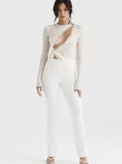 Blouse For Women White Lace Jewel Neck Clothes Sexy Cut Out Lace Long Sleeves Tops