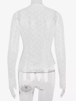 Blouse For Women White Lace Jewel Neck Clothes Sexy Cut Out Lace Long Sleeves Tops