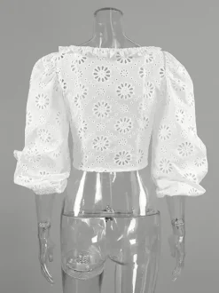 Blouse For Women White Lace Up V-Neck Chic Half Sleeves Cotton Tops