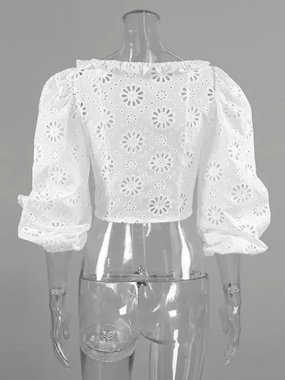 Blouse For Women White Lace Up V-Neck Chic Half Sleeves Cotton Tops