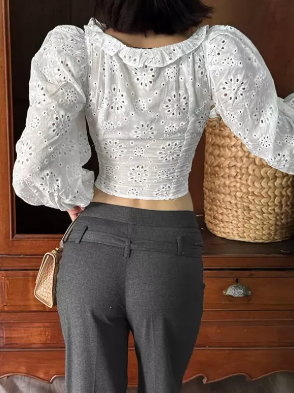 Blouse For Women White Lace Up V-Neck Chic Half Sleeves Cotton Tops