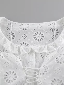 Blouse For Women White Lace Up V-Neck Chic Half Sleeves Cotton Tops