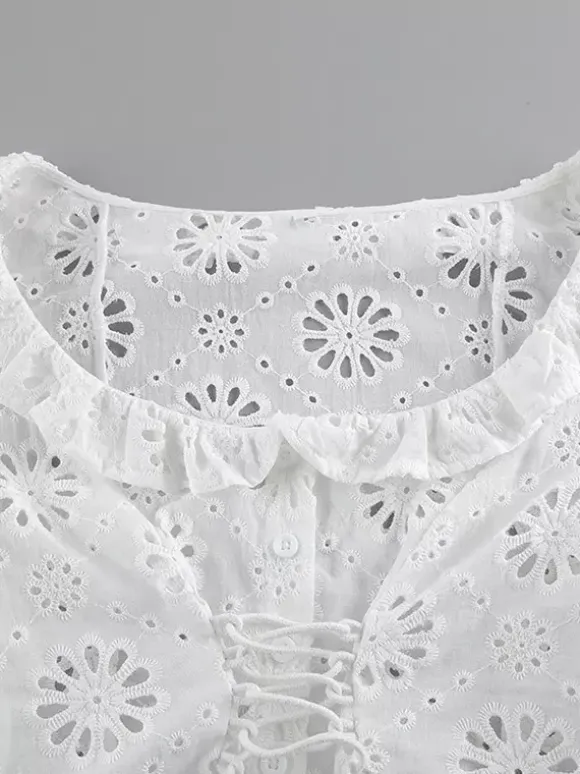 Blouse For Women White Lace Up V-Neck Chic Half Sleeves Cotton Tops