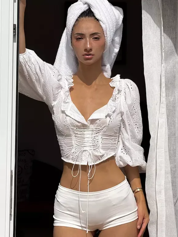 Blouse For Women White Lace Up V-Neck Chic Half Sleeves Cotton Tops