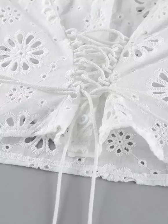 Blouse For Women White Lace Up V-Neck Chic Half Sleeves Cotton Tops