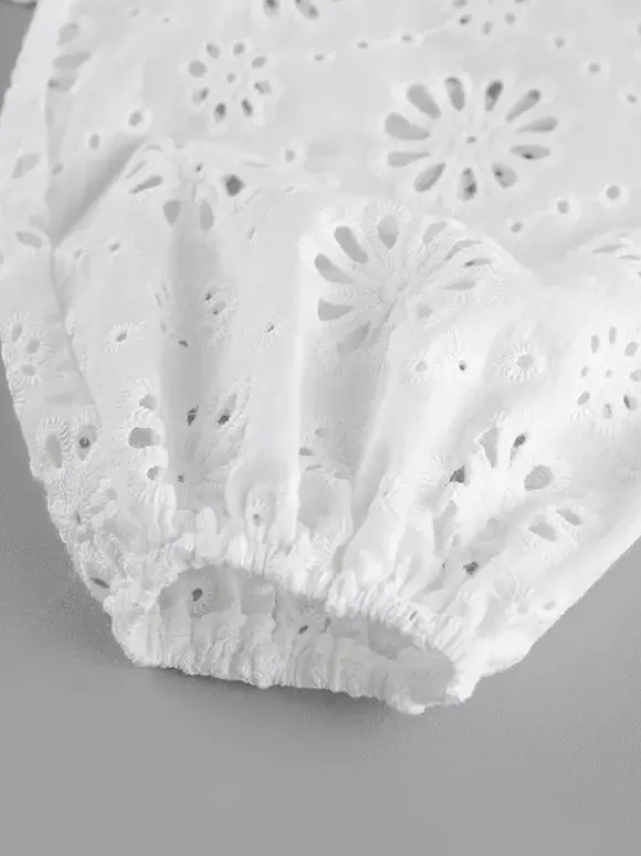Blouse For Women White Lace Up V-Neck Chic Half Sleeves Cotton Tops