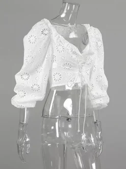 Blouse For Women White Lace Up V-Neck Chic Half Sleeves Cotton Tops