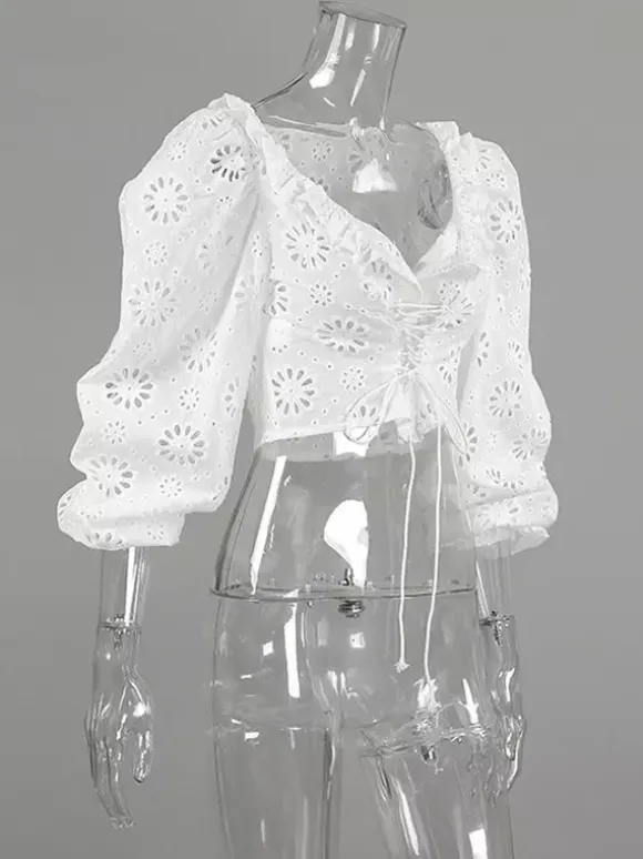 Blouse For Women White Lace Up V-Neck Chic Half Sleeves Cotton Tops