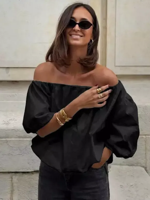 Blouse For Women White Off-The-Shoulder Elegant Long Sleeves Cotton Tops