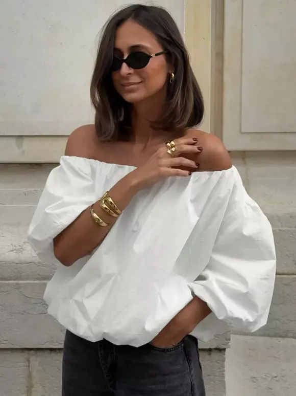 Blouse For Women White Off-The-Shoulder Elegant Long Sleeves Cotton Tops