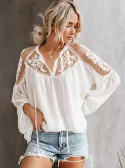 Blouse For Women White Sheer Flowers Embroidered Bohemian Long Sleeves Tops