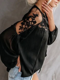 Blouse For Women White Sheer Flowers Embroidered Bohemian Long Sleeves Tops