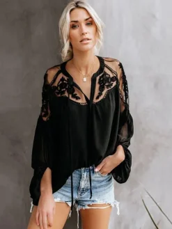 Blouse For Women White Sheer Flowers Embroidered Bohemian Long Sleeves Tops