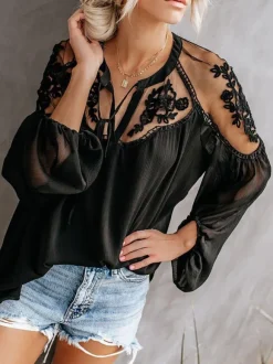 Blouse For Women White Sheer Flowers Embroidered Bohemian Long Sleeves Tops