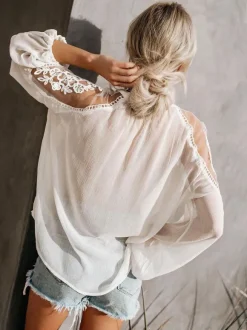 Blouse For Women White Sheer Flowers Embroidered Bohemian Long Sleeves Tops