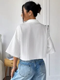 Blouse For Women White Turndown Collar Clothes Chic Buttons Half Sleeves Tops