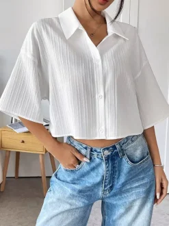 Blouse For Women White Turndown Collar Clothes Chic Buttons Half Sleeves Tops