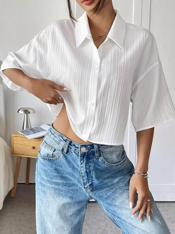 Blouse For Women White Turndown Collar Clothes Chic Buttons Half Sleeves Tops