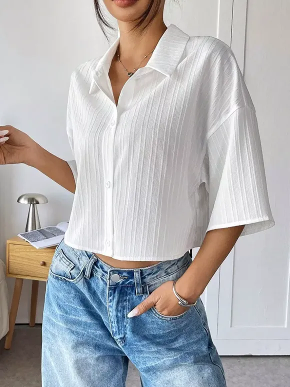 Blouse For Women White Turndown Collar Clothes Chic Buttons Half Sleeves Tops