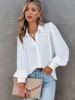Blouse For Women White V-Neck Casual Long Sleeves Tops