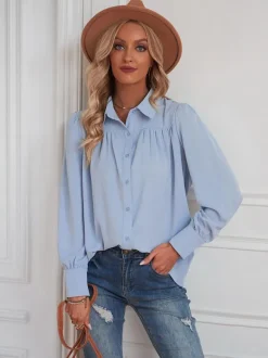 Blouse For Women White V-Neck Casual Long Sleeves Tops