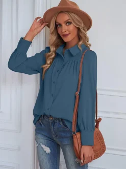 Blouse For Women White V-Neck Casual Long Sleeves Tops