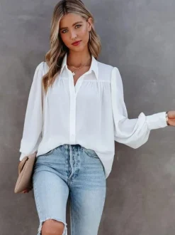 Blouse For Women White V-Neck Casual Long Sleeves Tops