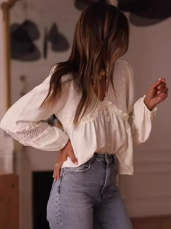Blouse For Women White V-Neck Casual Embroidered Cut Out Long Sleeves Tops