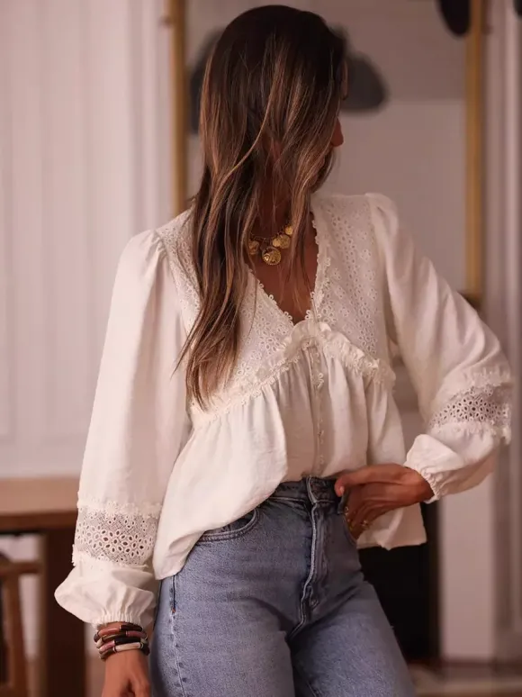 Blouse For Women White V-Neck Casual Embroidered Cut Out Long Sleeves Tops
