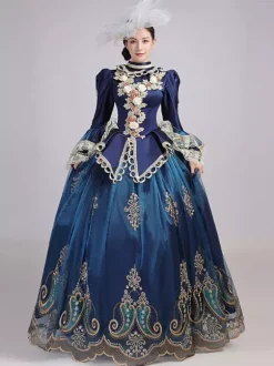 Blue Retro Tudor Dress Costumes Women's Lace Flowers Polyester Marie Antoinette Costume Tunic Headwear Dress Euro-Style Party Prom Dress
