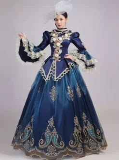 Blue Retro Tudor Dress Costumes Women's Lace Flowers Polyester Marie Antoinette Costume Tunic Headwear Dress Euro-Style Party Prom Dress