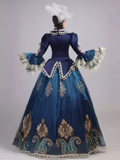 Blue Retro Tudor Dress Costumes Women's Lace Flowers Polyester Marie Antoinette Costume Tunic Headwear Dress Euro-Style Party Prom Dress