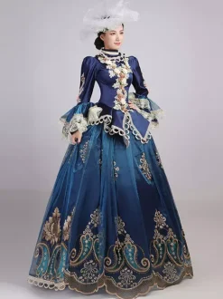 Blue Retro Tudor Dress Costumes Women's Lace Flowers Polyester Marie Antoinette Costume Tunic Headwear Dress Euro-Style Party Prom Dress