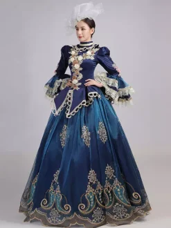 Blue Retro Tudor Dress Costumes Women's Lace Flowers Polyester Marie Antoinette Costume Tunic Headwear Dress Euro-Style Party Prom Dress