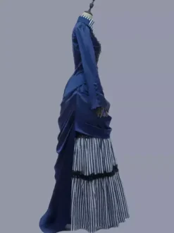 Blue Retro Tudor Dress Costumes Women's Stripes Ruffles Polyester Tunic Dress Marie Antoinette Costume Retro Vintage Clothing