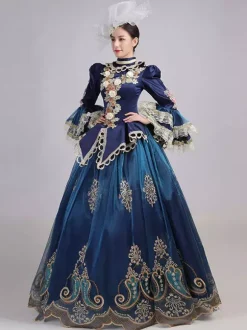 Blue Retro Tudor Dress Costumes Women's Lace Ruffles Polyester Tunic Headwear Dress Marie Antoinette Costume Royal Party Prom Dress