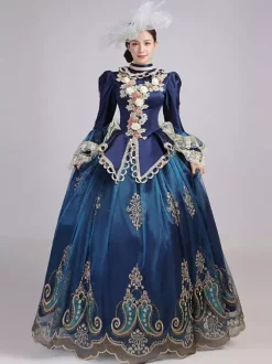 Blue Retro Tudor Dress Costumes Women's Lace Ruffles Polyester Tunic Headwear Dress Marie Antoinette Costume Royal Party Prom Dress